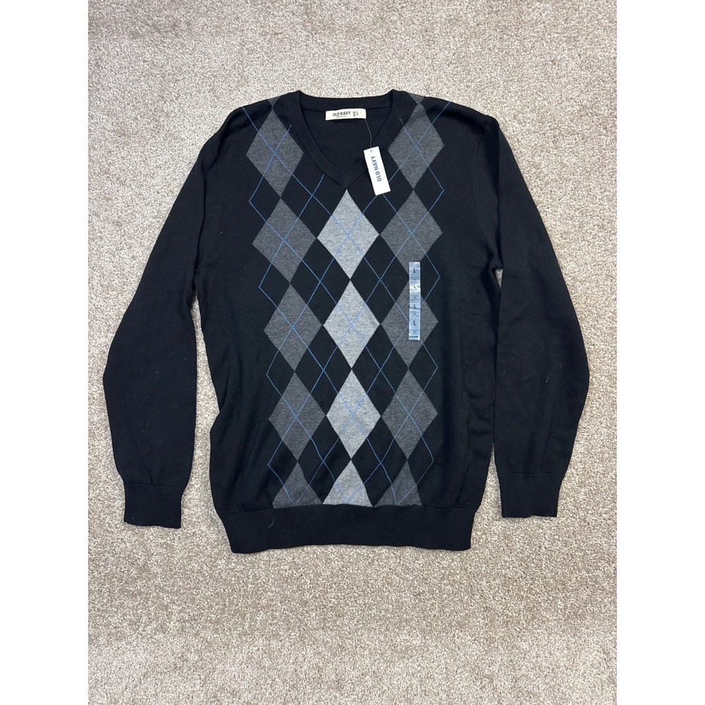 Old Navy Mens Argyle V-Neck Sweater Black Grey Blue Diamond Knit Pullover Large